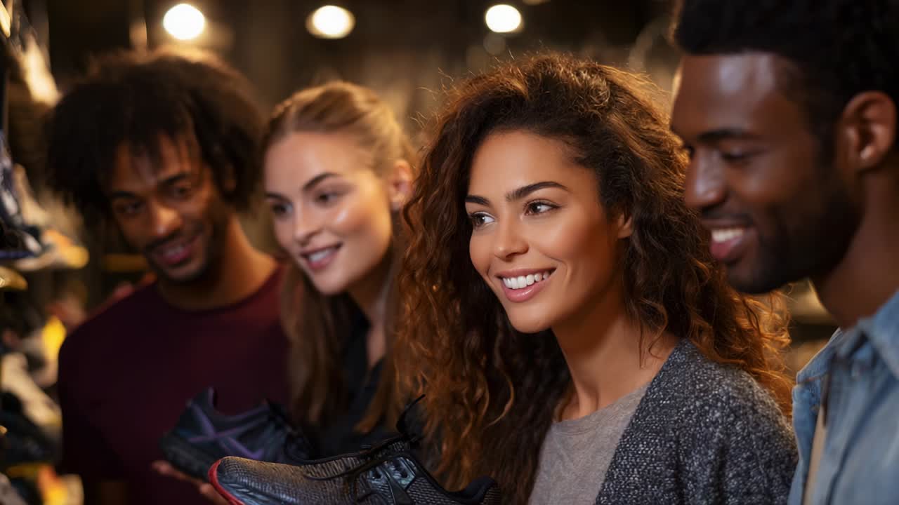 A Group of Friends Enjoying a Fun Shopping Experience While Trying on Stylish Sneakers in a Modern Shoe Store, Sharing Laughter and Excitement Amidst a Vibrant Display of Footwear