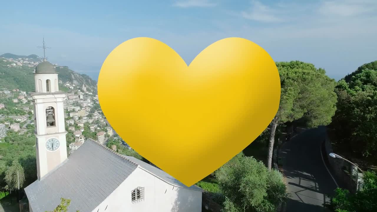 도시 풍경의 공중 전망에 대한 노란색 심장 아이콘의 디지털 구성