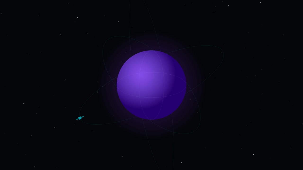 Satelliti animati in orbita attorno a un pianeta viola nello spazio profondo
