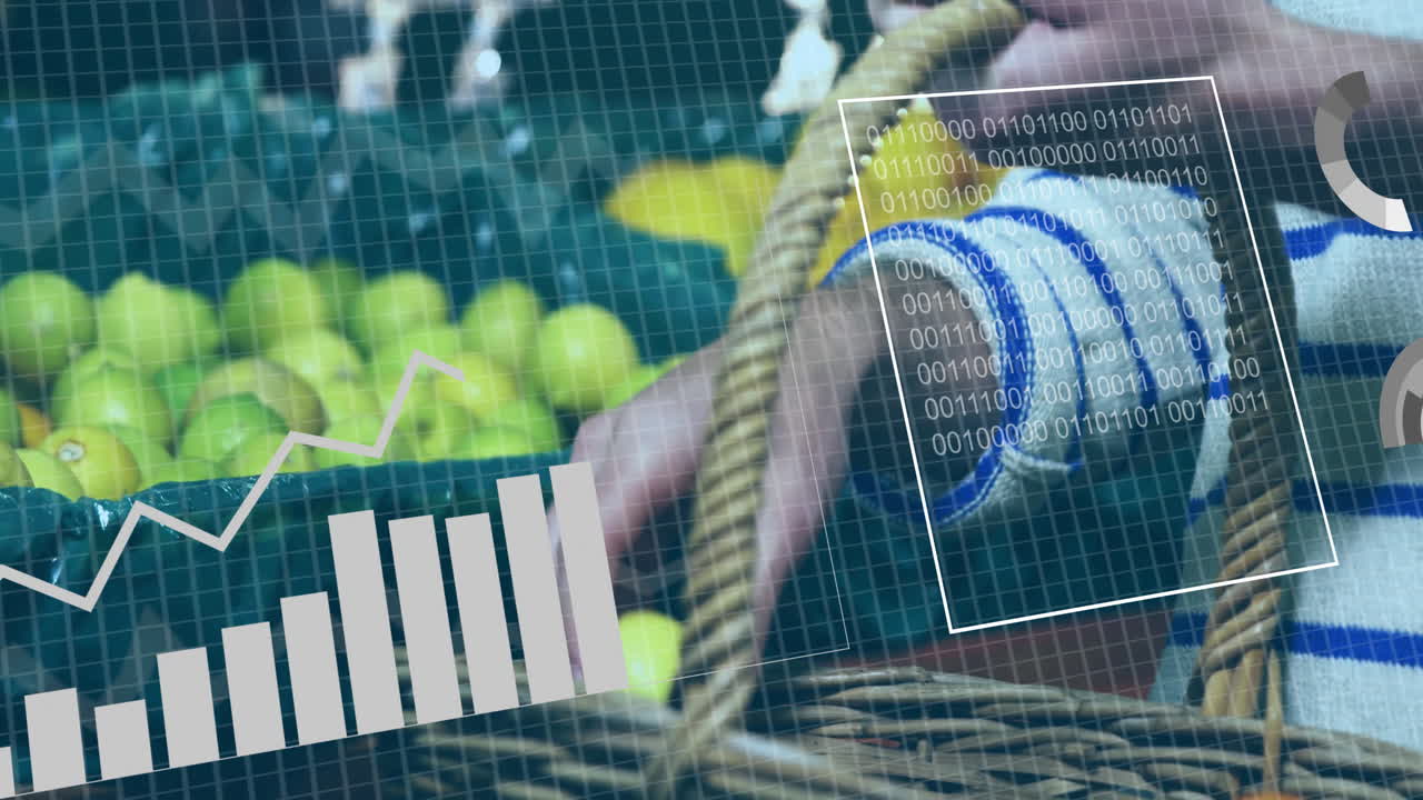 Placing apples in basket, person analyzing data chart with animation overlay