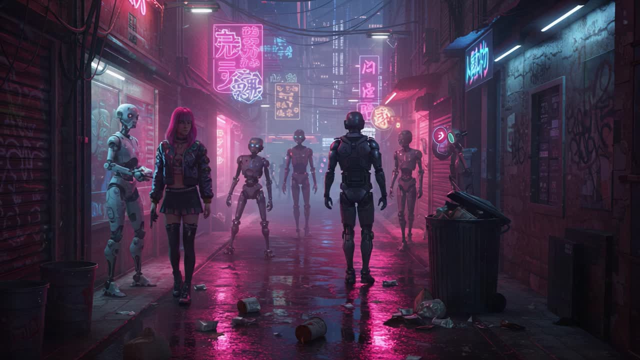 A Neon-Cyberpunk Alleyway Featuring Humanoid Robots and a Mysterious Figure Amidst Litter and Vibrant Neon Lights in a Futuristic Urban Setting