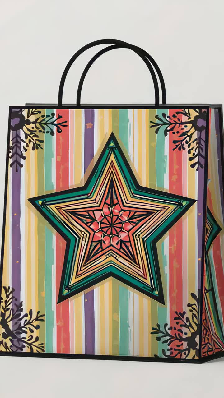 Vertical video: Zooming camera framing gift bag at plain wall to emphasize layered star and stripes