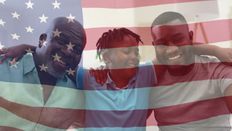 animación de una feliz familia afroamericana abrazándose sobre la bandera estadounidense