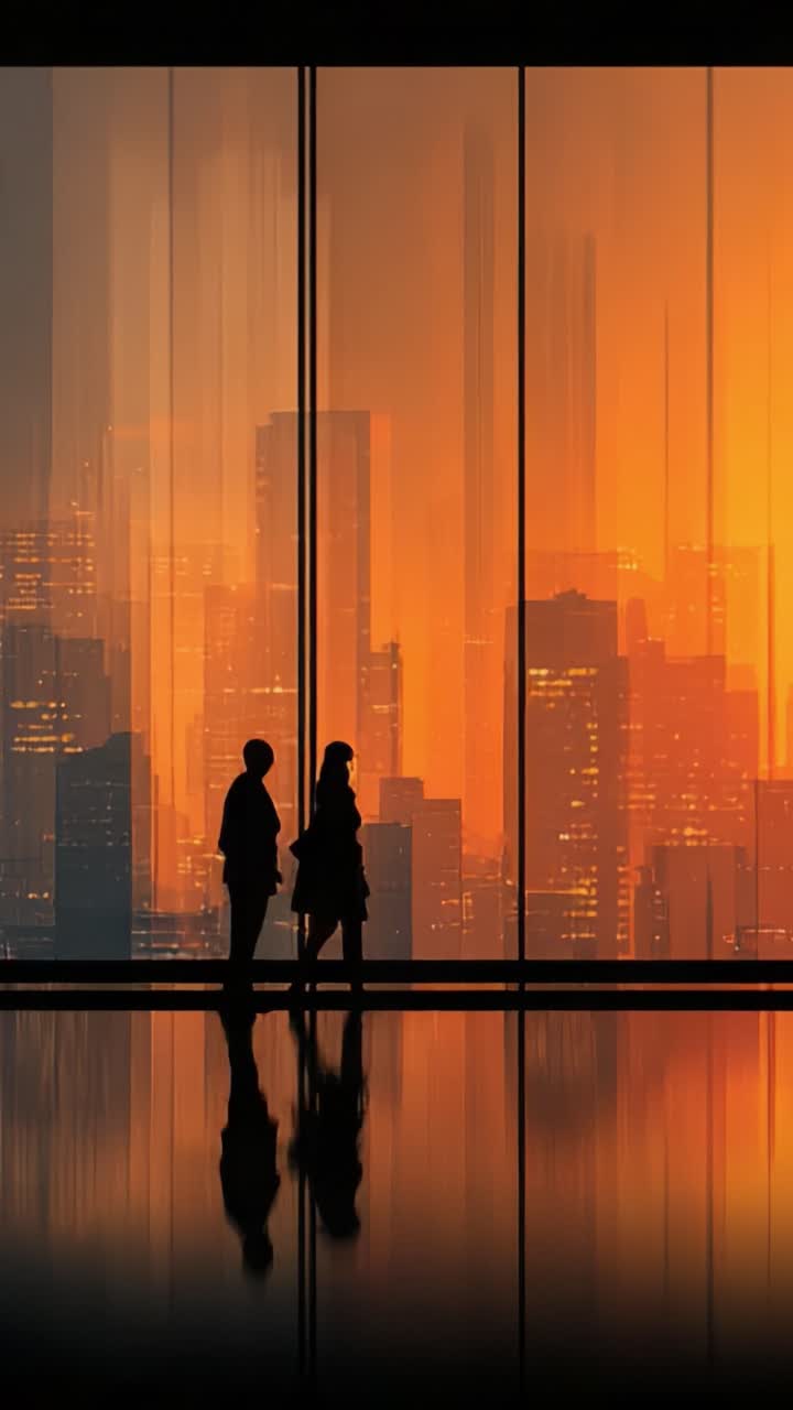 Siluetas sobre una puesta de sol intensa: el reflejo de un paisaje urbano espectacular que captura la esencia de la vida urbana y la conexión en una asombrosa presentación visual.
