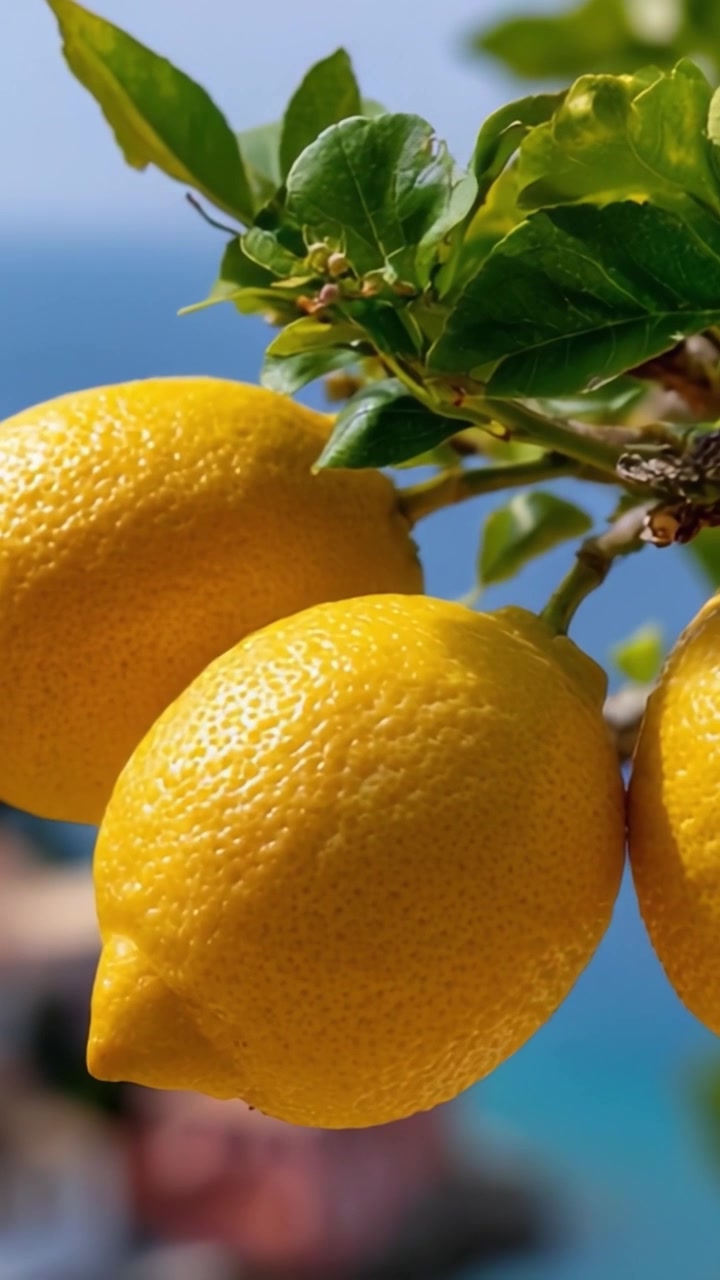 Un Primo Piano di Limoni Freschi e Vivaci che Pendono da un Rigoglioso Ramo Verde di Albero su uno Splendido Sfondo Sfocato di Acqua e Natura