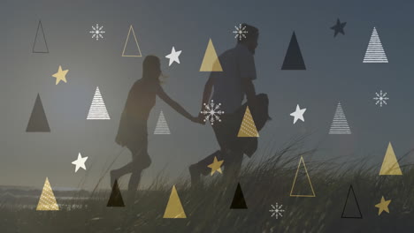 couple walking through grassy field with festive star and triangle animation overlay