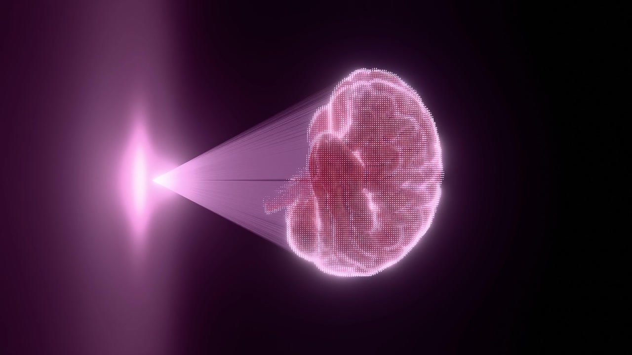 Digital hologram of a human brain projected with glowing pink pixelated design on a dark background. Futuristic concept of artificial intelligence and neuroscience