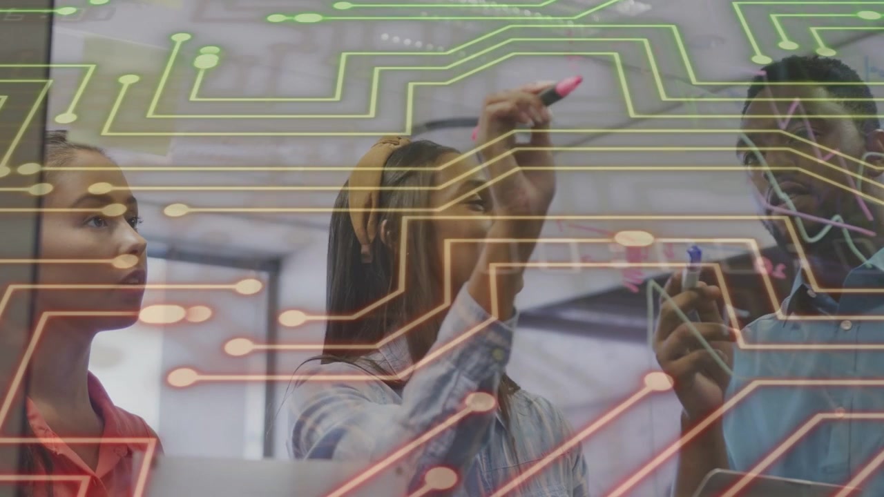 Lead woman marking glass with pink marker team pointing tablet circuit overlay for tech planning