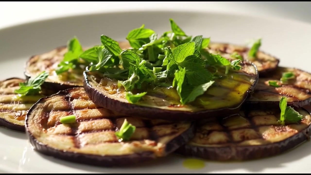 Olio d'oliva ed erbe fresche aggiunti a fette di melanzane grigliate