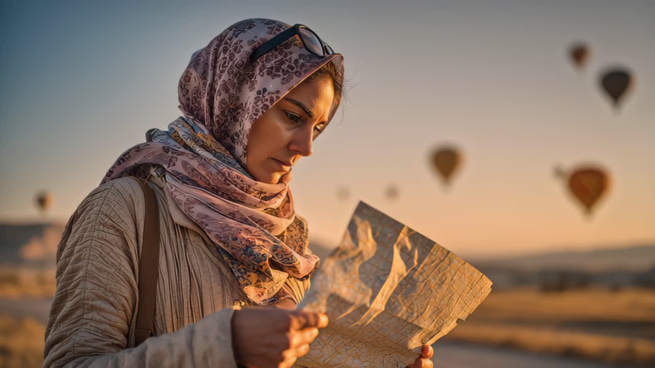 Séquence en gros plan d'une femme touriste portant un foulard, étudiant une carte papier en extérieur à l'heure dorée, avec des montgolfières flottant au-dessus d'une vallée pittoresque.