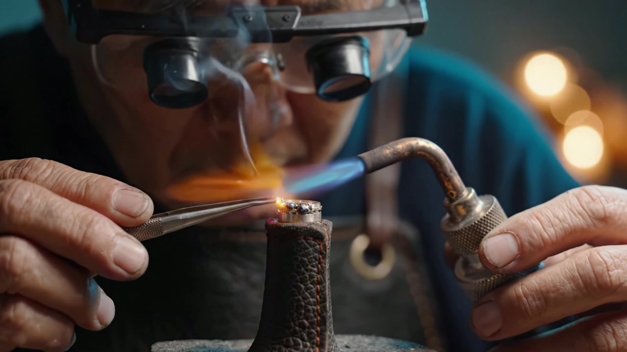Håndverker som omhyggelig lager et smykke med presisjonsverktøy og flamme, og viser kunstnerskapet og ferdighetene involvert i metallarbeid og smykkefremstilling