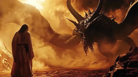 a robed figure faces a colossal dragon in a desolate, dramatic landscape