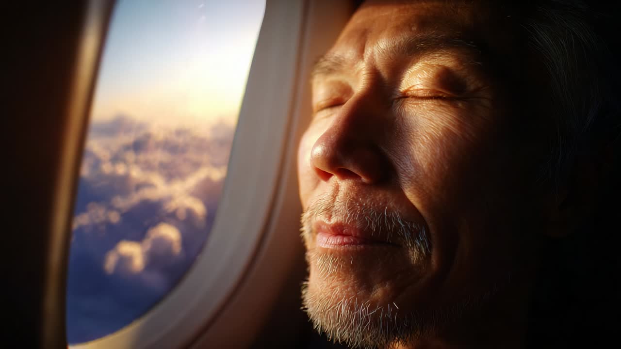 Um momento sereno de reflexão: capturando a essência tranquila de um passageiro olhando pela janela ao pôr do sol, apreciando a beleza da natureza e a jornada acima das nuvens