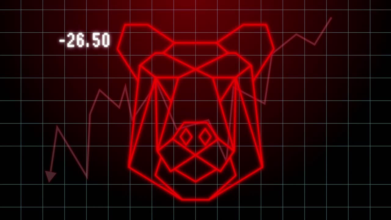 Animation of bear geometrical shape and financial graph over dark red background