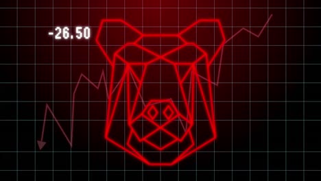Animation of bear geometrical shape and financial graph over dark red background