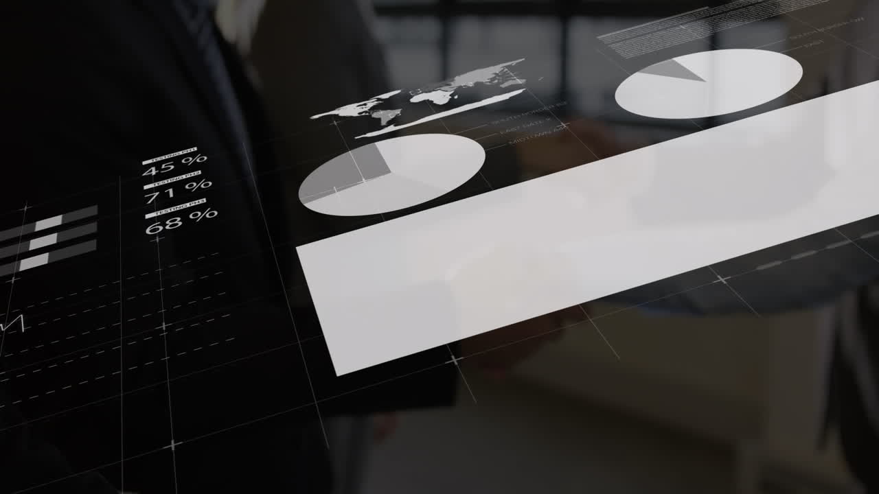 animación de estadísticas y procesamiento de datos sobre el apretón de manos de un empresario