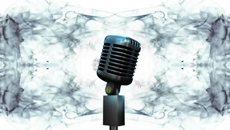 Microphone-against-clouds-of-smoke-moving-on-white-background