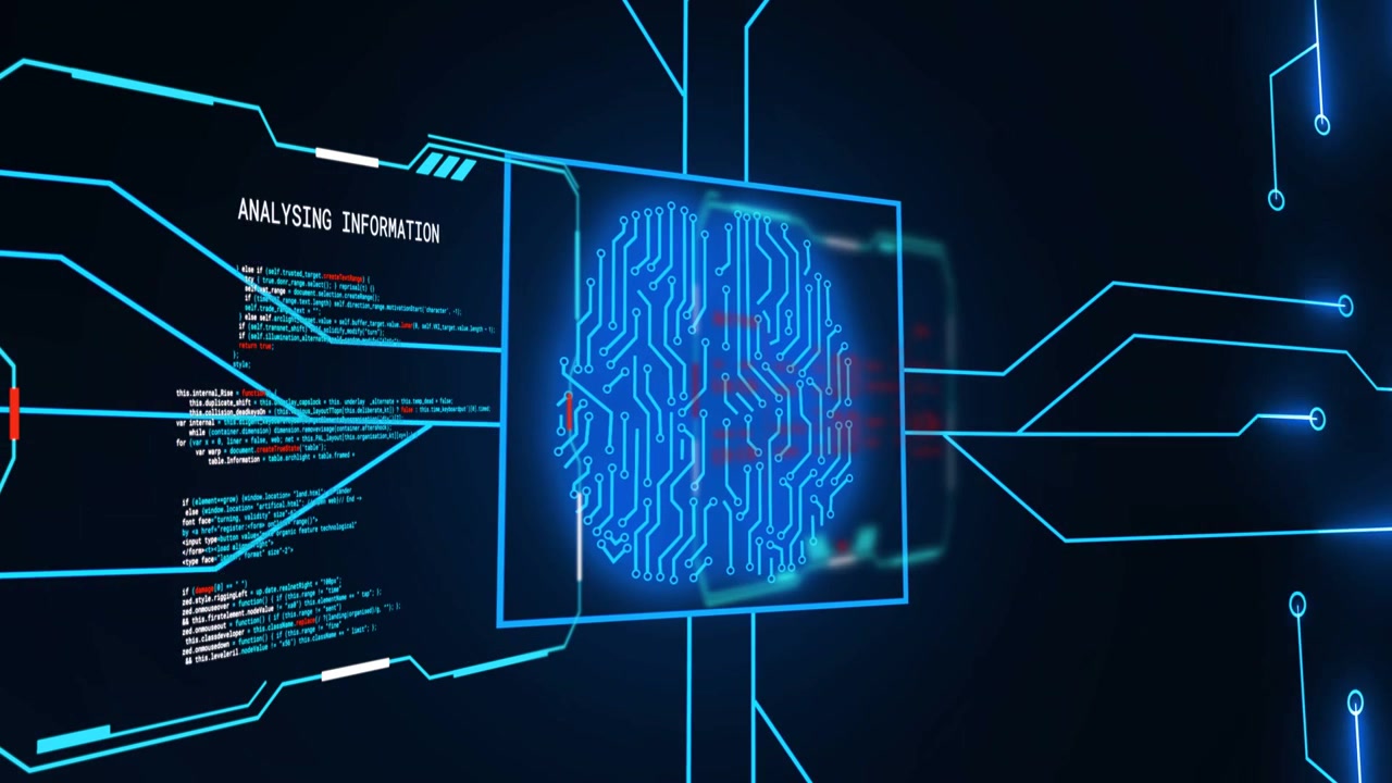 Left ANALYSING INFORMATION tab starting panel facing front brain glyph forming nodes pulsing online