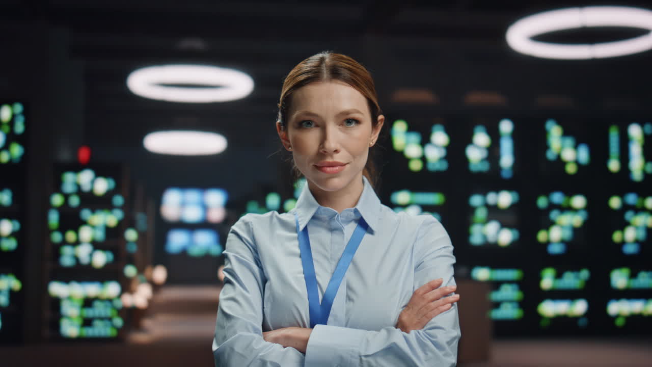 Portrait businesswoman posing database center. Administrator lady looking camera