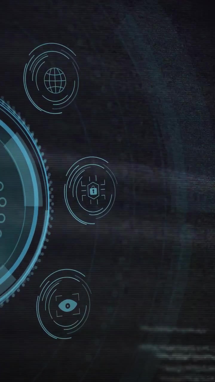 Vertical video: Glitch starting fingerprint HUD pulsing, rotating, aligning icons for data security