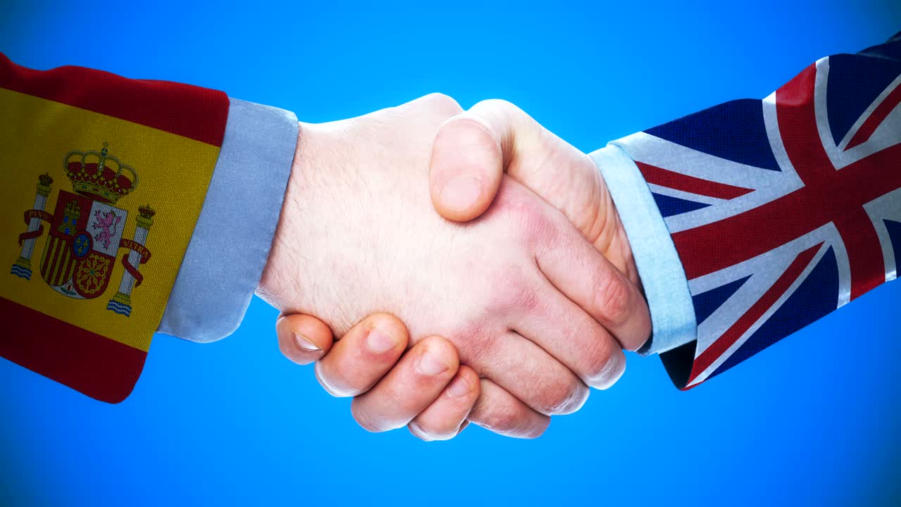 animación conceptual de apretón de manos sobre países y política con el canal matte