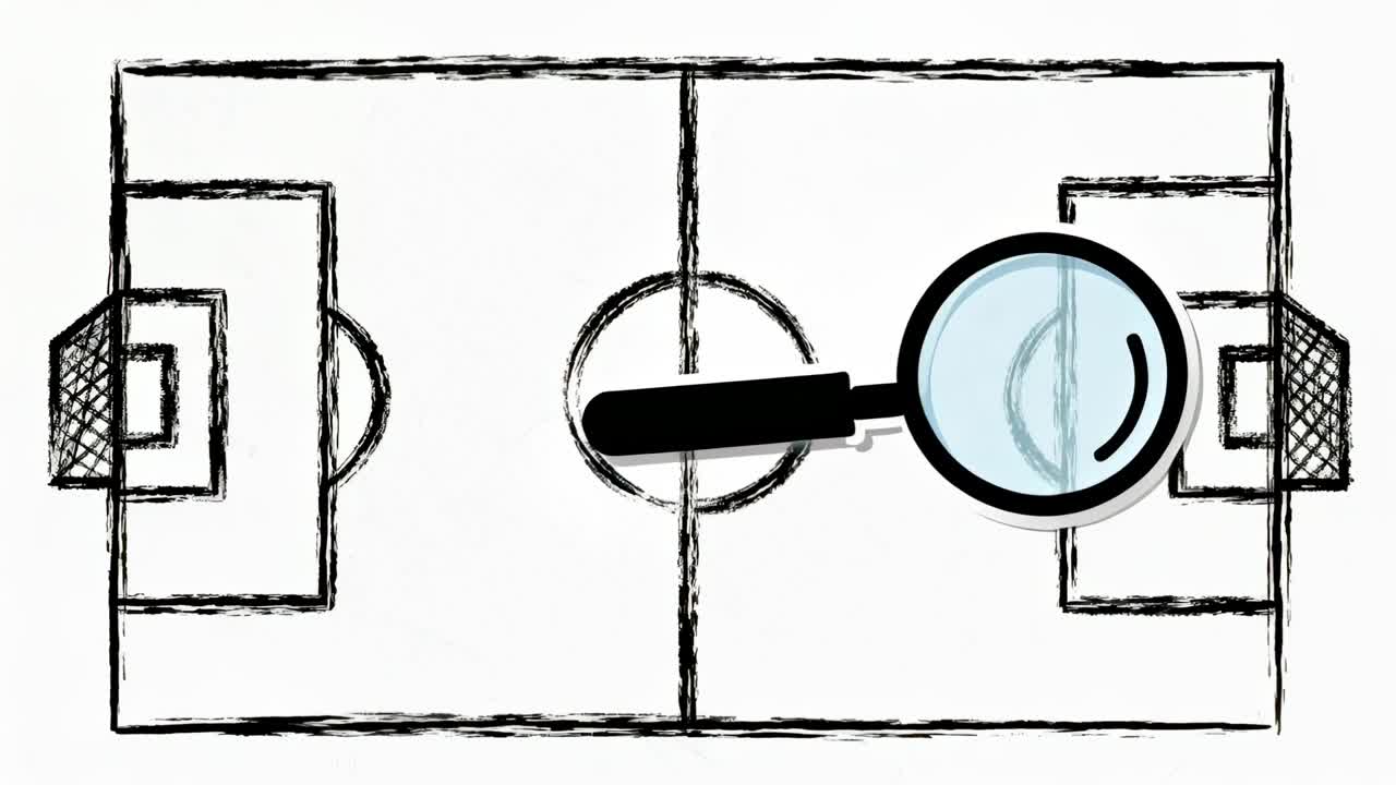 Appearing magnifying glass sliding across sketched pitch, inspecting right goal and center circle