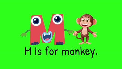 playful animation of letter m transforming into a monkey on a green background, emphasizing learning and fun