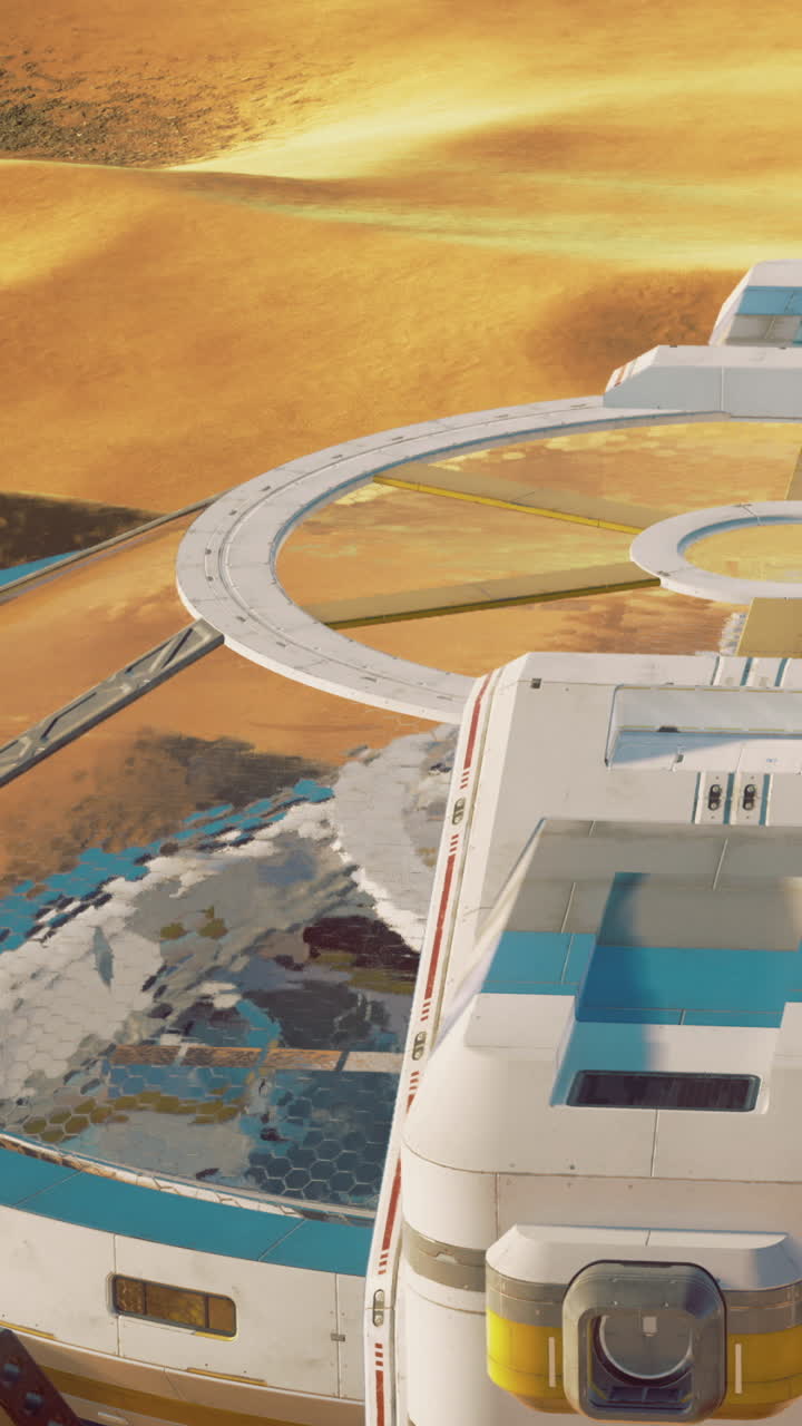 Exploración de una estructura futurista en un planeta distante al atardecer.
