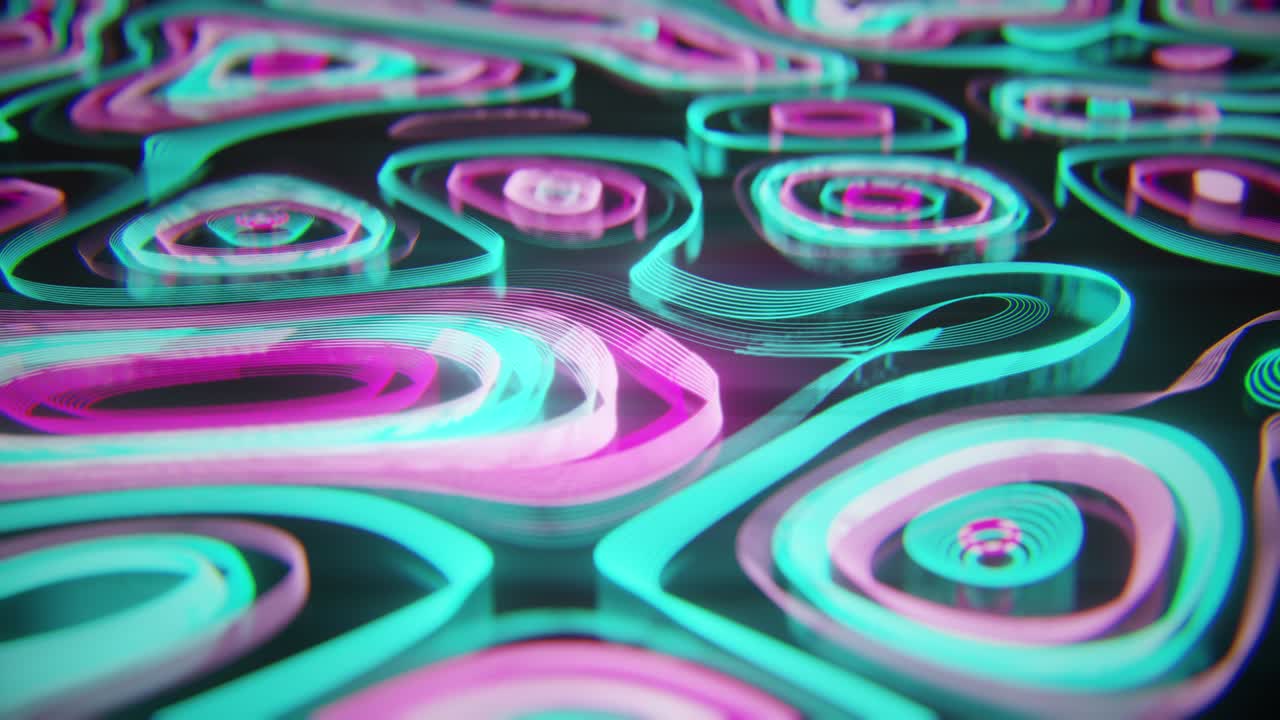 fondo de neón abstracto del concepto de mapa topográfico. mapa de contorno. valles y montañas. concepto de geografía. telón de fondo ondulado. superficie espacial. luz de neón mágica línea de remolino curvo. bucle sin costuras 3d render