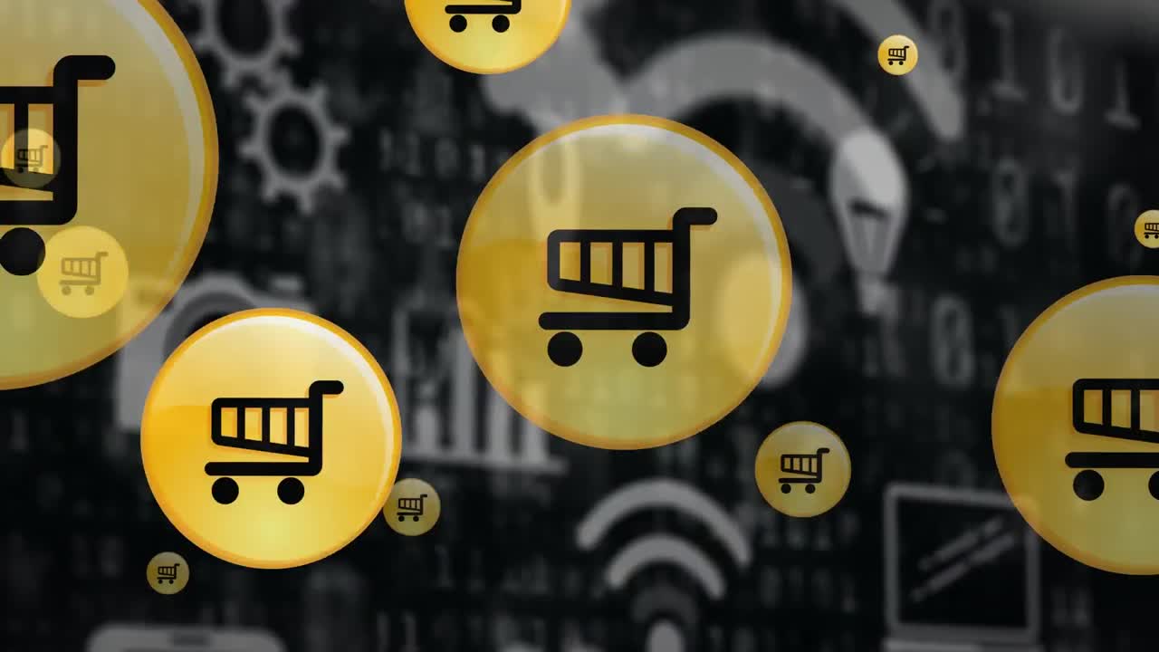 animación de iconos de compras en fondo negro