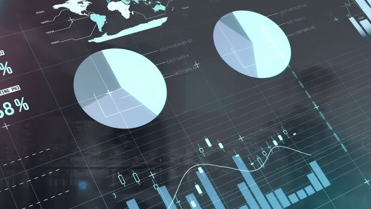 Animation of statistics and financial data processing over people walking in city street