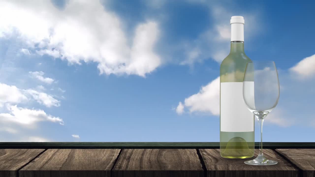 animación de una botella de vino blanco sobre un fondo con nubes
