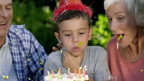 animación de confeti sobre la familia en la fiesta de cumpleaños