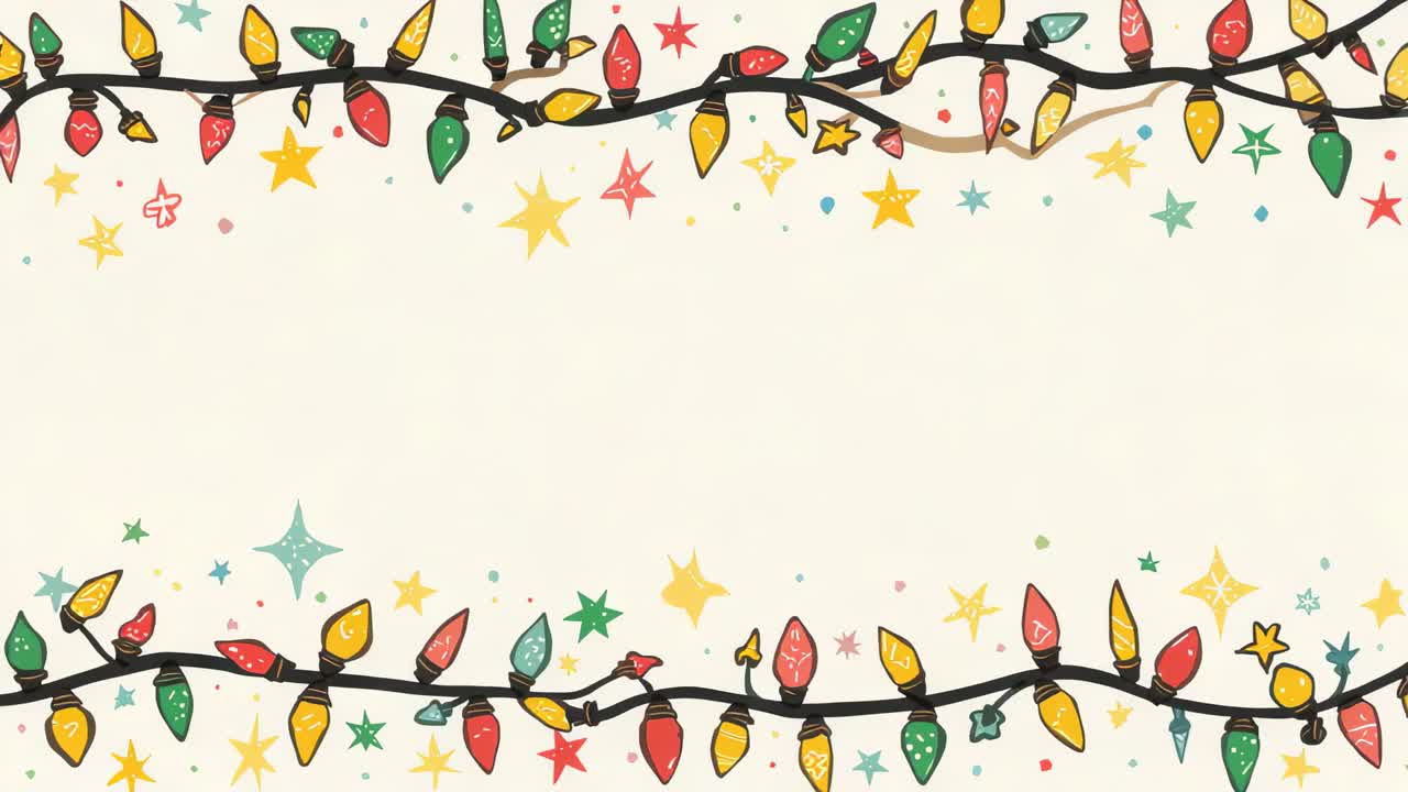 Looping two handdrawn black wire garlands undulating on cream backdrop, with sparkly bulbs for text