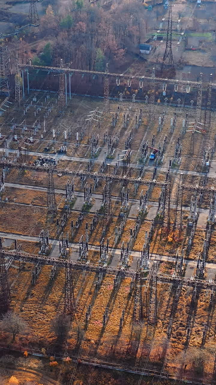 Drone view of electricity supplies. High voltage power mini electricity station.