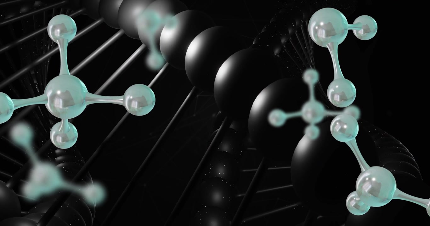 Telecamera che traccia una doppia elica rotante e centrata mentre molecole color verde acqua fluttuano, mostrando la forma del DNA.