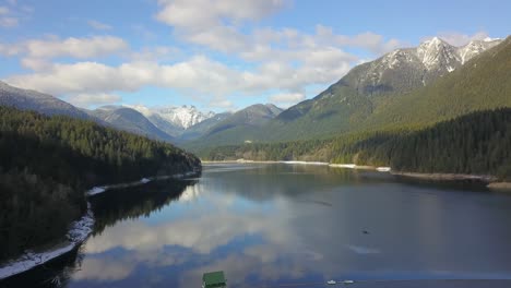 Capilano-Lake-Reservoir,-2-Lions-Mountain,-Base-of-Grouse-Mountain-North-Vancouver-BC,-Aerial-Drone-View-Push-Forward,-on-a-Sunny-Day,-West-Vancouver