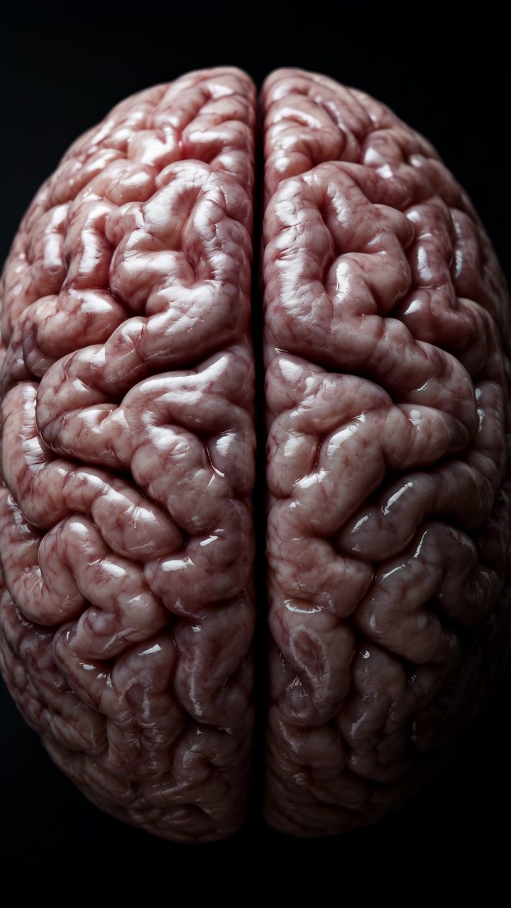 Vista central avança em direção a um cérebro realista, destacando dobras cerebrais rosadas, sulcos profundos, reflexos brilhantes e a linha divisória entre ambos os hemisférios em maior detalhe