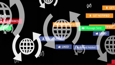animación del texto de las redes sociales en banners con iconos digitales sobre fondo negro
