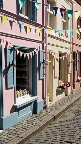 charming european street with pastel-colored buildings and decorations