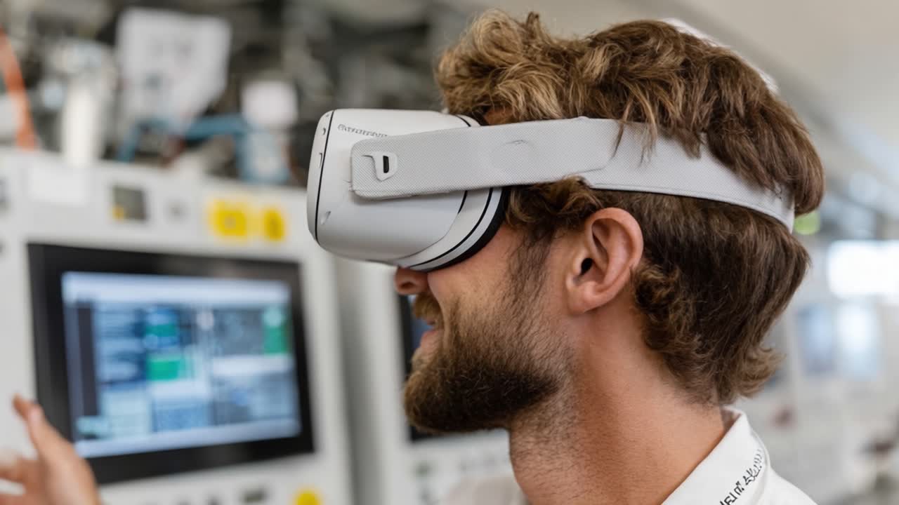 A man experiences virtual reality through a headset, engaging with advanced technology while immersed in a dynamic digital environment showcasing innovation and exploration
