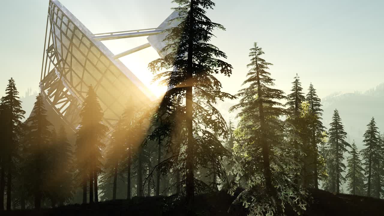 радиотелескоп обсерватории в лесу при заходе солнца