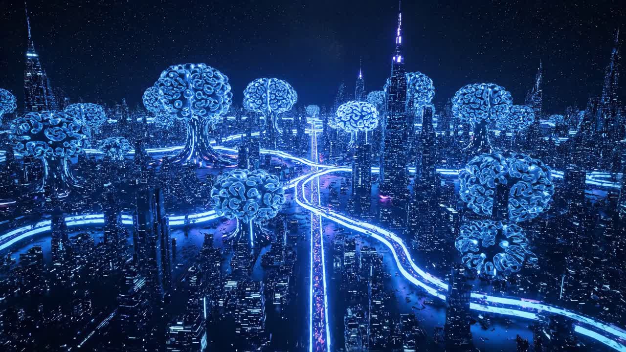 밤에 미래의 사이버 크 도시 풍경