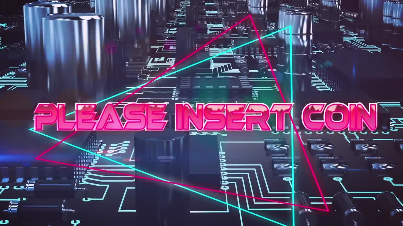 메인보드의 마이크로프로세서 연결의 클로즈업에 네온 삼각형에 아이콘 텍스트를  ⁇ 입하십시오