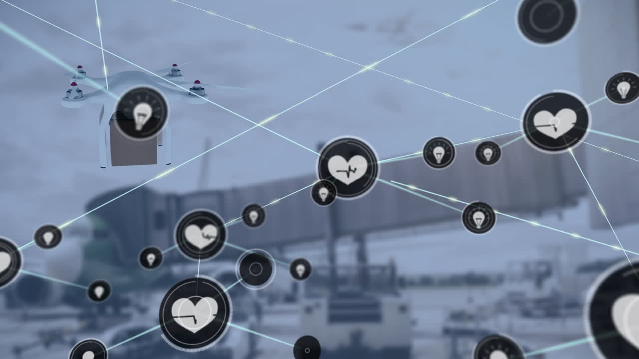 공항 위에서 아이콘과 배달 드론으로 연결된 네트워크의 애니메이션