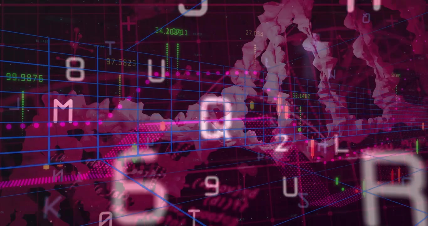 Three-dimensional blue grid showing floating numeric and pink-dotted plots tracing twisting helix