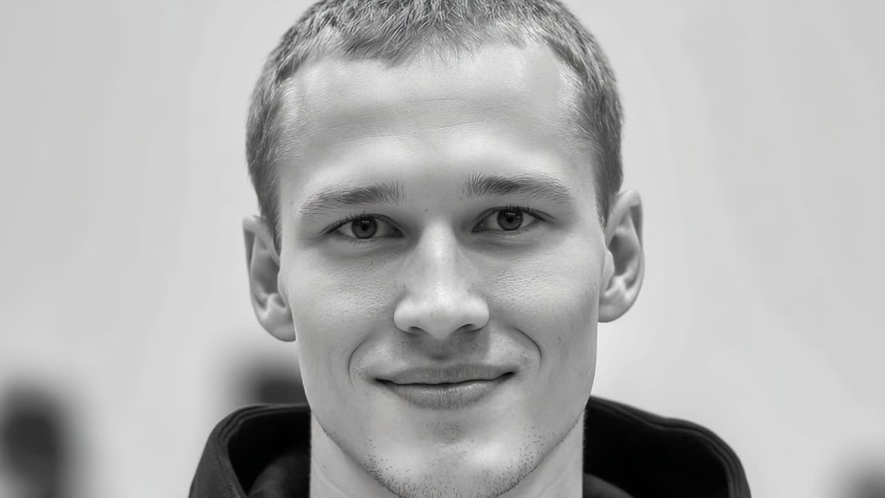Um Retrato em Close-Up de um Jovem com um Sorriso Amigável Capturado em Monocromático, Destacando Sua Expressão Calorosa e Presença Envolvente em um Fundo Minimalista
