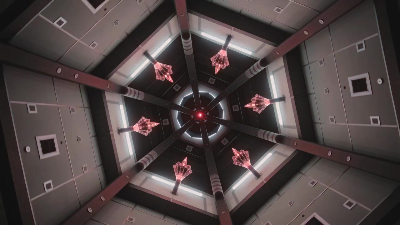 Brightening center light causing hexagon ceiling rotating in shaft with chandeliers, creating glow
