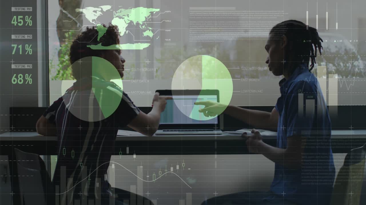 Animation of data processing over diverse business people using laptop