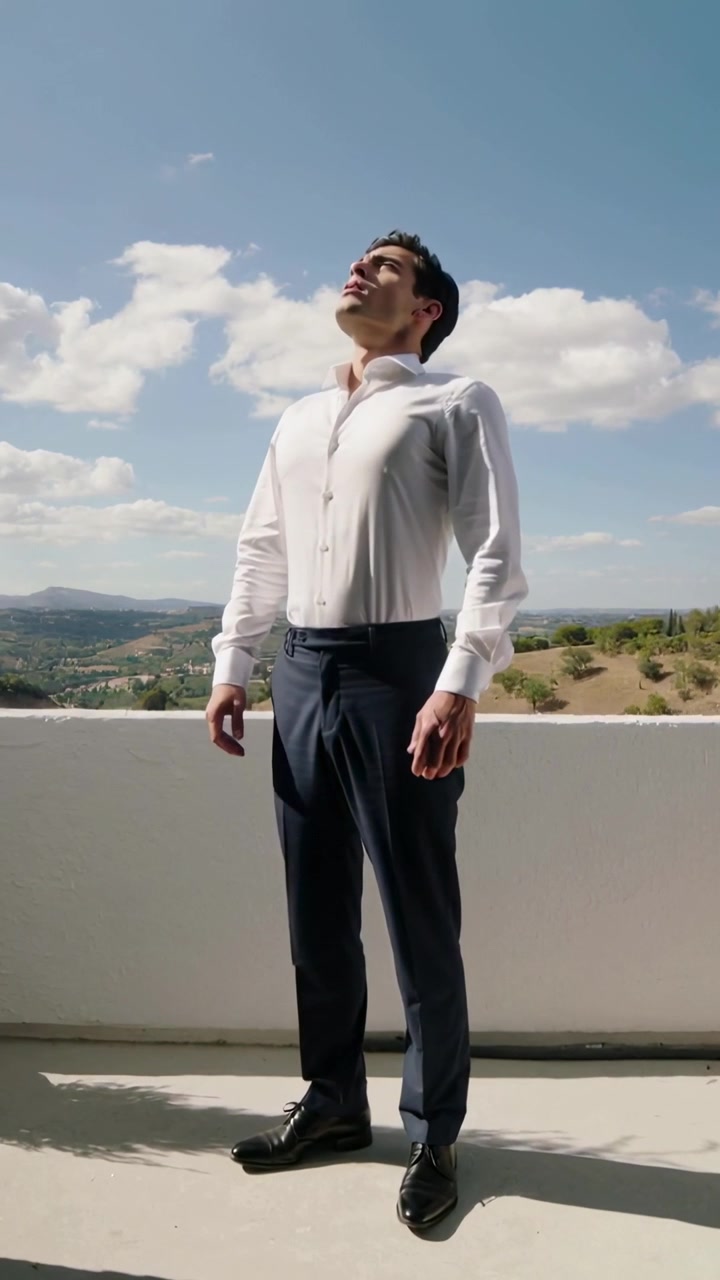 Video verticale: Uomo che cammina e raggiunge un muro, rallentando e guardando in alto su un tetto, in camicia bianca.